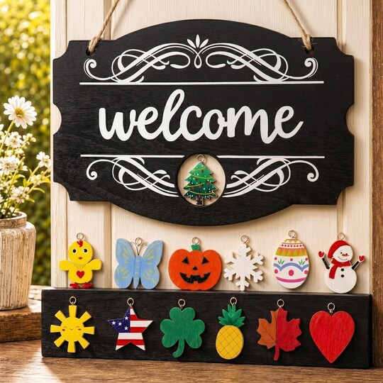 Interchangeable Seasonal Welcome Sign for Front Door – Farmhouse Wooden Hanging Decor with 15 Holiday Icons, Rustic Porch Wall Plaque for Spring Summer Fall Winter & Year-Round Home Decoration
